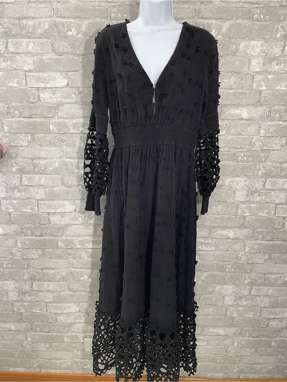 Boston Proper Black Long Sleeve Crochet-Hem Midi Dress